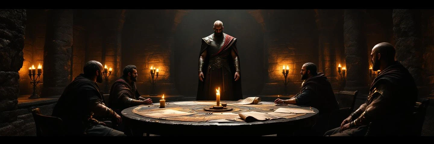 Byzantine generals around a war table with a single commander standing above — visual metaphor for hub-and-spoke AI governance