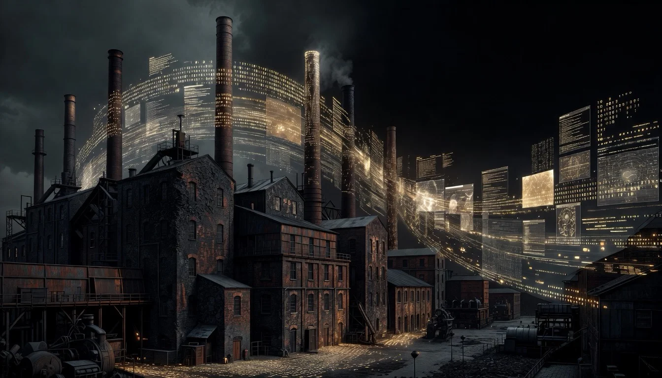 Industrial factory transitioning into digital code and software interfaces